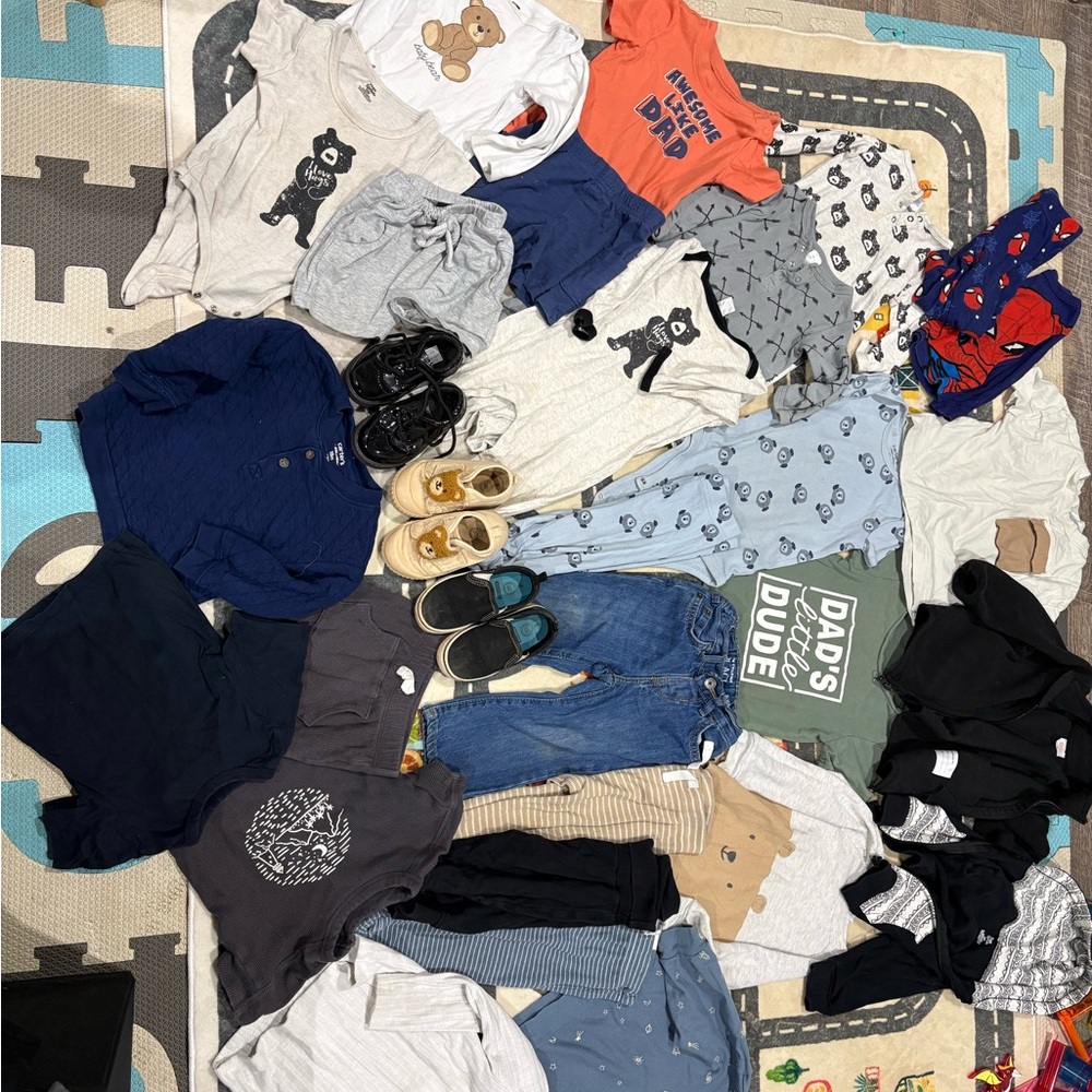 Lot of Baby/Toddler Clothes & Shoes - Neutral Navy, Gray, White, Green